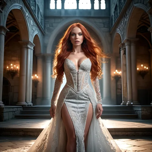 Prompt: FULL BODY PORTRAIT, (photorealistic), Fantasy character, (attractive, sensual, beautiful, dangerous, female), striking red long hair cascading, perfect symmetrical evil face, adorned in ornate Cleric tight dress and high  heels, dramatic shadows accentuating her features, mistery and fierce ambiance, standing in a castle, soft ethereal lighting, ultra-detailed, high-resolution background 