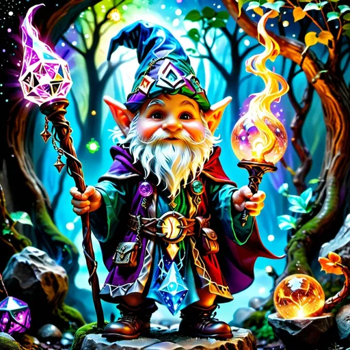 Prompt: Gnome wizard, (male), bursting with intelligence and confidence, vibrant colors, enchanting atmosphere, dramatic pose, detailed robes adorned with mystical symbols, holding a magical staff, (dungeons and dragons) inspired setting, mystical forest background, sparkling lights, whimsical, ultra-detailed, high-definition, captivating expression, imaginative realm, magical aura, hyper realistic.