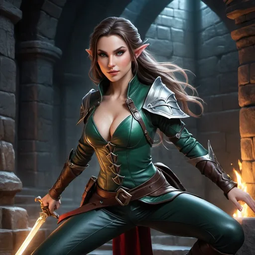 Prompt: hyper-realistic, female Elf rogue, (full body fighting pose), attractive lean body, pale skin, long hair, detailed eyes, beautiful face, (confident and wicked), wearing no cloth on top and tight pants, background is a dungeon, fantasy setting, vibrant colors, dynamic posture, ultra-detailed facial features, dramatic lighting, rich textures, perfect for Dungeons and Dragons illustration, high-quality image, character depth.