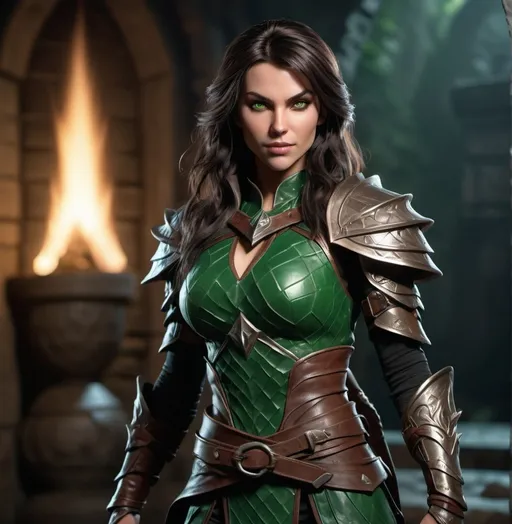 Prompt: Full body, photorealistic, ultra-detailed face, (Dungeons and Dragons character), female human warrior, (4K, high resolution), full body pose, long dark hair, striking green eyes, attractive physique, (evil gaze), wicked smile, (tight luxurious clothes), intricate textures, dynamic lighting, atmospheric background, (high definition), captivating gaze, intense details, enchanting yet menacing portrayal.