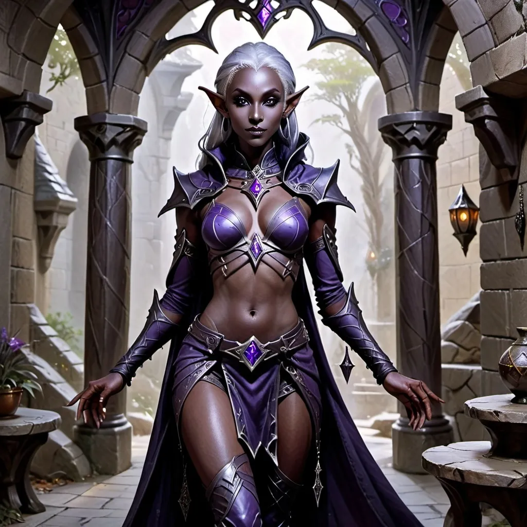 Prompt: Photorealistic, full body, depiction of a dark elf drow, female character, Dungeons & Dragons character, inspired, showcasing exquisite details in her attire and features, with intricate jewelry and a graceful pose, set against a richly detailed fantasy background, conveying a sense of mystery and allure, ultra-detailed.