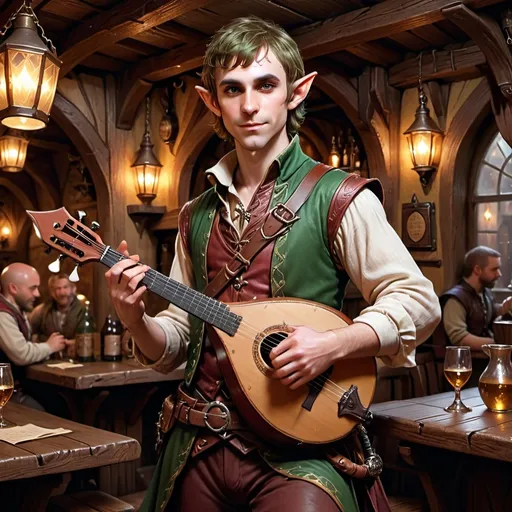 Prompt: hyper-realistic half-elf bard, (full body pose), (charismatic and handsome), intricately detailed expensive clothing, elegant instruments, fantasy setting, vibrant colors, dynamic posture, ultra-detailed facial features, dramatic lighting, rich textures, lush background, tavern ambiance, enchanting atmosphere, perfect for Dungeons and Dragons illustration, high-quality image, character depth.