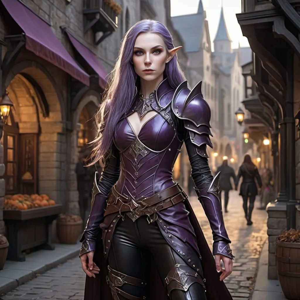 Prompt: hyper-realistic Full body, (attractive) and (mysterious) Female Elandrin Elf of Autumn, rogue, pale skin, purple long hair wearing a black expensive tight studded leather armor and a shadowy demeanor. The background is a street of the city of Waterdeep, adding to the enchanted atmosphere. Medium: high quality, ultra-detailed, cinematic, fantasy character art, illustration, dnd, warm tone