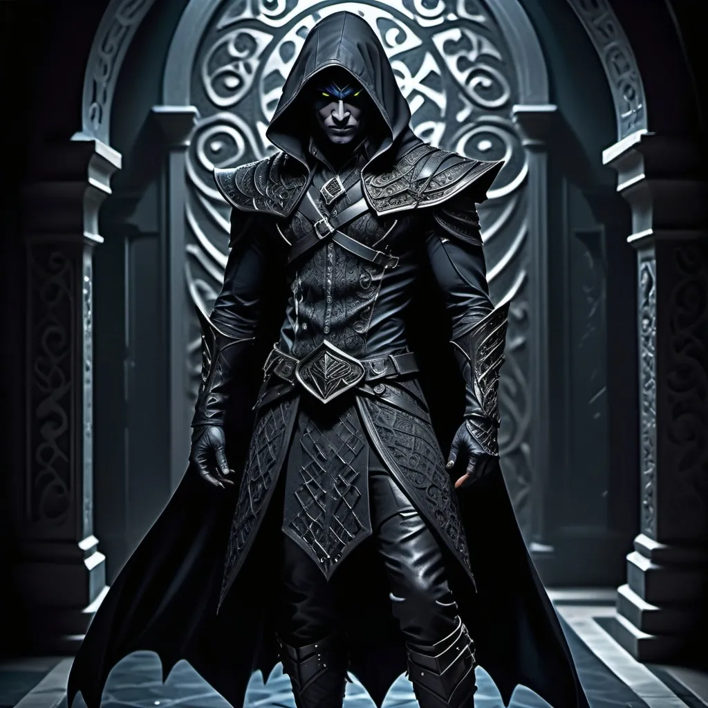 Prompt: (dark fantasy character), Drow male rogue, dramatic full body posture, (intense wicked stare), detailed outfit with dark, intricate patterns, layered textures, expression showcasing cunning, (shadowy background), elements of intrigue, (moody ambiance), hints of dim light, (ultra-detailed), high quality, cinematic surrealism.