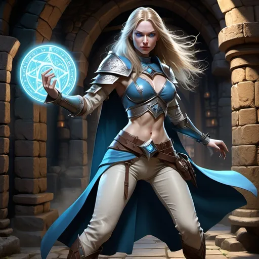 Prompt: hyper-realistic, female human cleric, (full body fighting pose), attractive lean body, pale skin, long hair, blue detailed eyes, beautiful face, (confident and wicked), wearing no cloth on top and tight pants, background is a dungeon, fantasy setting, vibrant colors, dynamic posture, ultra-detailed facial features, dramatic lighting, rich textures, perfect for Dungeons and Dragons illustration, high-quality image, character depth.