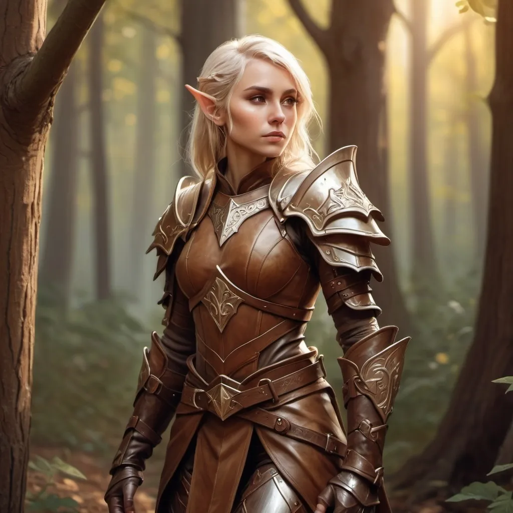 Prompt: Elf female beautyful character cleric of Corellion Larethian wearing tight leather armor in a Wood , fantasy character art, illustration, dnd, warm tone, full body