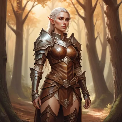 Prompt: Elf female beautyful character cleric of Corellion Larethian wearing tight leather armor in a Wood , fantasy character art, illustration, dnd, warm tone, full body