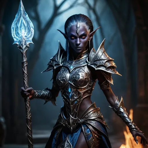 Prompt: Photorealistic, female, dark elf,dungeons and dragons character, full body. 