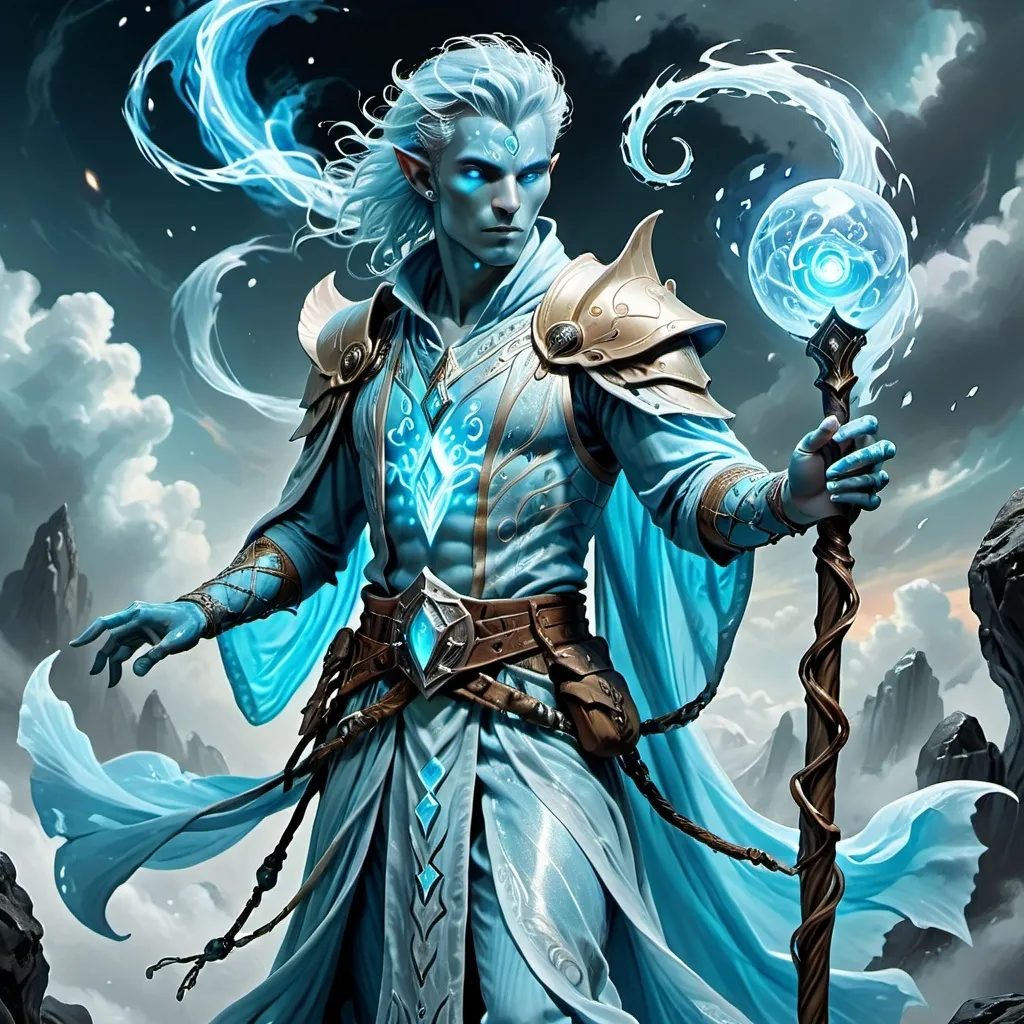 Prompt: Dungeons and Dragons character, Air Genasi, (full body), male, warlock, ethereal clothing flowing gracefully, shimmering fabrics reflecting shades of sky blue and white, mystical aura radiating softly, (dramatic lighting), intricate tattoos glowing on skin, enchanted staff in hand, symbolizing power, detailed expression of intensity and focus, floating on wispy clouds, (highly detailed), (4K resolution), fantasy setting.