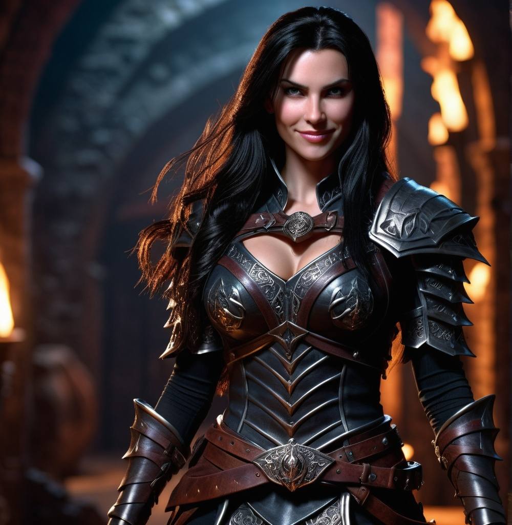 Prompt: Photorealistic, full body dungeons and dragons character, female human warrior, high definition, long dark hair, attractive body, evil gaze, wicked smile, wearing tight and luxurious clothes, intense details, vivid textures, dramatic lighting, captivating atmosphere, fantasy realm background, ultra-detailed.