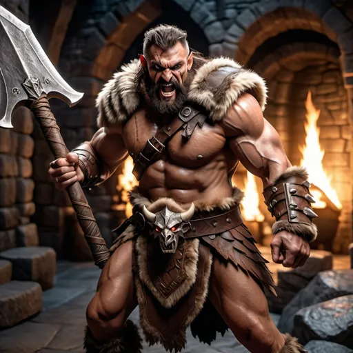 Prompt: photorealistic, (full body) male barbarian from a dungeons and dragons theme, detailed facial features and expression of strength, rugged armor with intricate details and furs, fierce gaze, wielding a massive axe, dynamic pose, dramatic shadows, rich earthy tones, atmospheric dungeon background with flickering torches and stone walls, (highly detailed), (4K) quality, immersive adventure ambiance.