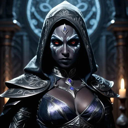 Prompt: (dark fantasy dungeons and dragons character), (Drow  female sorcerer), darkgray skin, dramatic full attractively body posture, (intense wicked stare), detailed tight outfit, intricate patterns, layered textures, expression showcasing attractive, (shadowy background), elements of intrigue, (moody ambiance), hints of dim light, ethereal glow, intricately detailed accessories, (4K), ultra-detailed, art illustration, sinister allure.