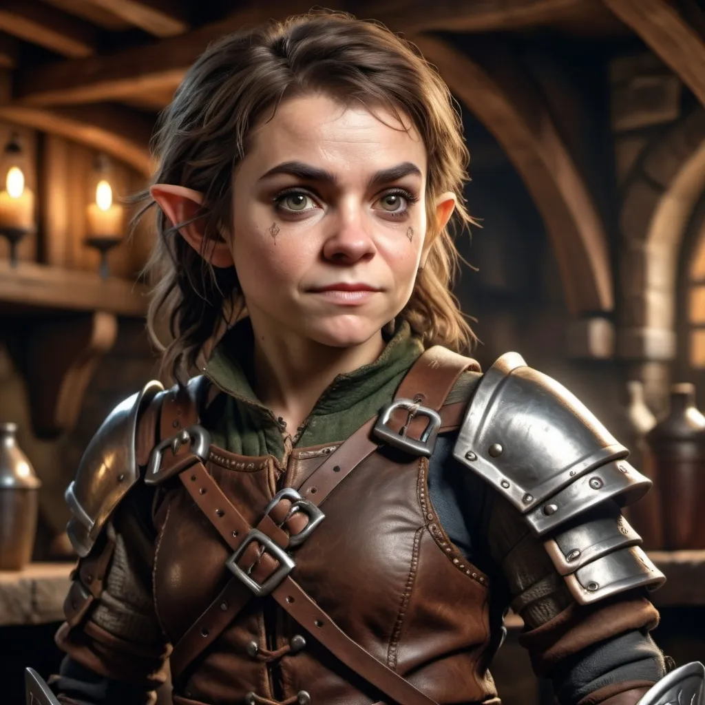 Prompt: hyper-realistic, full body portrait of a (female halfling rogue), intricate detail on facial features, dynamic pose, wearing a detailed leather armor, carrying various tools and weapons, dramatic shadows, dimensional depth, soft lighting to enhance textures, finely crafted background resembling a medieval tavern, captivating atmosphere, (4K ultra-detailed)