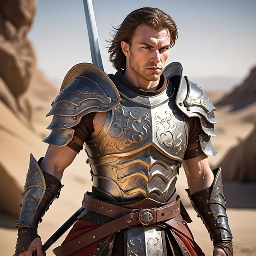 Prompt: hyper-realistic, male caucasian human fighter, (full body combat pose), (fierce and confidence), intricately detailed breastplate armor, with  two long swords one on each hand, background is a battleground in a desertic land, fantasy setting, vibrant colors, dynamic posture, ultra-detailed facial features, dramatic lighting, rich textures, perfect for Dungeons and Dragons illustration, high-quality image, character depth.