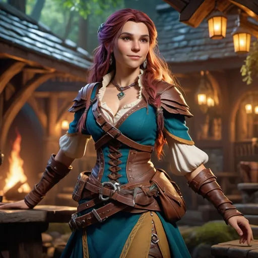 Prompt: (full body Dungeons and Dragons character), human Bard, (hyper-realistic) depiction, (gorgeous) female character, attractive outfit with vibrant colors and intricate details, dynamic pose showcasing confidence, atmospheric fantasy background with hints of a tavern or magical forest, evocative expressions, (4K) ultra-detailed, captivating lighting enhancing beauty and allure, enchanting ambiance of adventure.