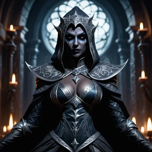 Prompt: Full body,(dark fantasy dungeons and dragons character), (Drow  female sorcerer), darkgray skin, dramatic full attractively body posture, (intense wicked stare), detailed tight outfit, intricate patterns, layered textures, expression showcasing attractive, (shadowy background), elements of intrigue, (moody ambiance), hints of dim light, ethereal glow, intricately detailed accessories, (4K), ultra-detailed, art illustration, sinister allure.