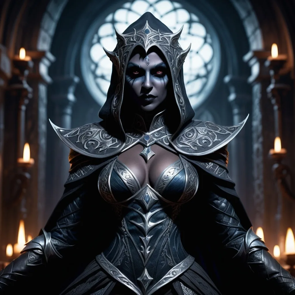 Prompt: Full body,(dark fantasy dungeons and dragons character), (Drow  female sorcerer), darkgray skin, dramatic full attractively body posture, (intense wicked stare), detailed tight outfit, intricate patterns, layered textures, expression showcasing attractive, (shadowy background), elements of intrigue, (moody ambiance), hints of dim light, ethereal glow, intricately detailed accessories, (4K), ultra-detailed, art illustration, sinister allure.