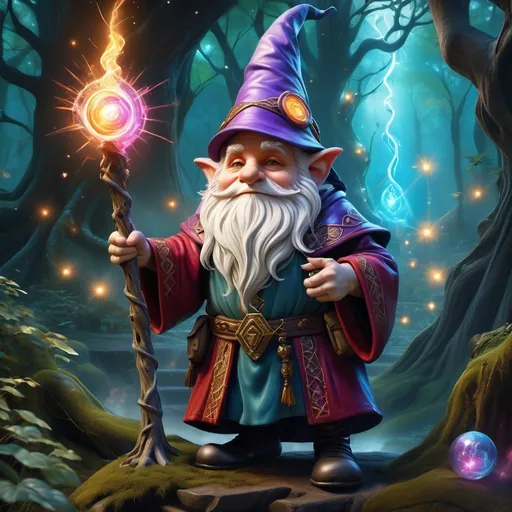 Prompt: Gnome wizard, (male), bursting with intelligence and confidence, vibrant colors, enchanting atmosphere, dramatic pose, detailed robes adorned with mystical symbols, holding a magical staff, (dungeons and dragons) inspired setting, mystical forest background, sparkling lights, whimsical, ultra-detailed, high-definition, captivating expression, imaginative realm, magical aura, hyper realistic.