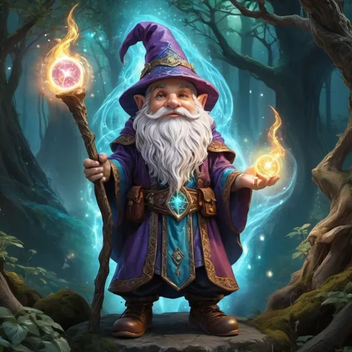 Prompt: Gnome wizard, (male), bursting with intelligence and confidence, vibrant colors, enchanting atmosphere, dramatic pose, detailed robes adorned with mystical symbols, holding a magical staff, (dungeons and dragons) inspired setting, mystical forest background, sparkling lights, whimsical, ultra-detailed, high-definition, captivating expression, imaginative realm, magical aura.