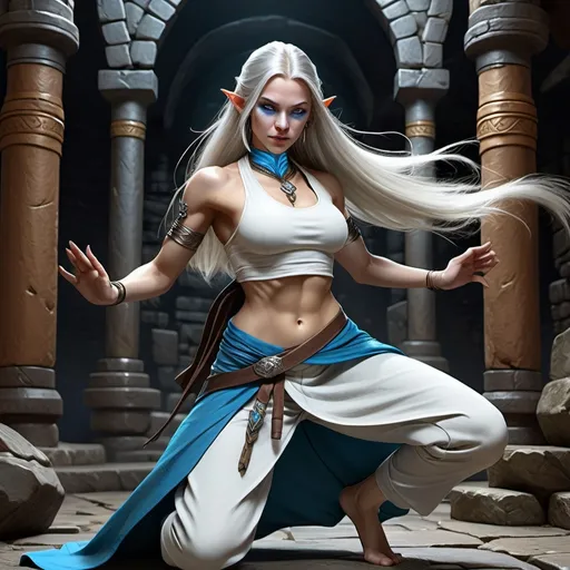 Prompt: hyper-realistic, female Kalashtar monk, (full body fighting pose), attractive lean body, pale skin, silver white long hair, blue detailed eyes, beautiful face, (confident and wicked), wearing no cloth on top and tight pants, background is a dungeon, fantasy setting, vibrant colors, dynamic posture, ultra-detailed facial features, dramatic lighting, rich textures, perfect for Dungeons and Dragons illustration, high-quality image, character depth.