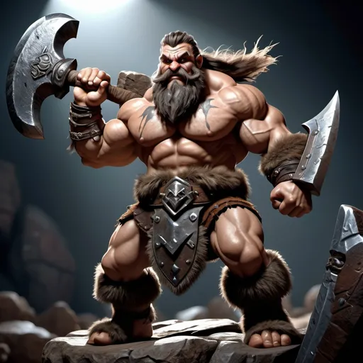 Prompt: (hyper-realistic male barbarian dwarf), full body, intense fighting pose, gripping a massive great axe with both hands, rugged textures, muscular physique, fierce determination in expression, dramatic shadows, vibrant lighting, richly detailed armor and weapons, wild hair, dynamic composition, battle-ready atmosphere, high-definition, cinematic quality.