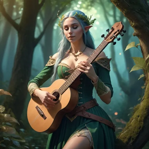 Prompt: Half-elf bard, (full body), alluring and attractive female figure, vibrant fantasy setting, intricate costume details, (dynamic pose playing a musical instrument), dramatic expression, enchanted atmosphere, soft magical lighting, lush background with hints of a mystical forest, (4K ultra-detailed).