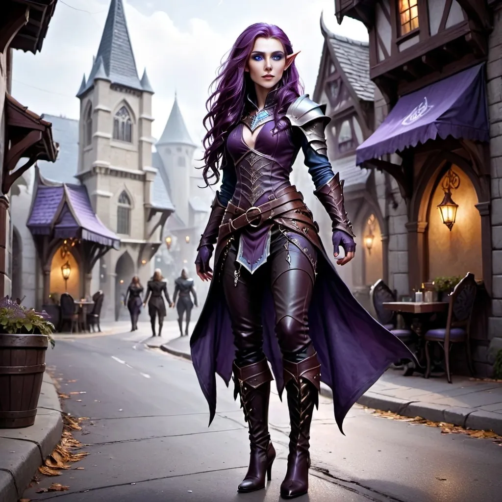 Prompt: A full body attractive character rogue female Auttum Eladrin elf stands on a street of the city of Neverwinter, she has long flowing purple hair, pale skin, ice blue eyes and a regal and ethereal beauty, she wears black studded leather armor and and high heels black leather boots . fantasy character art, illustration, dnd, warm tone, 