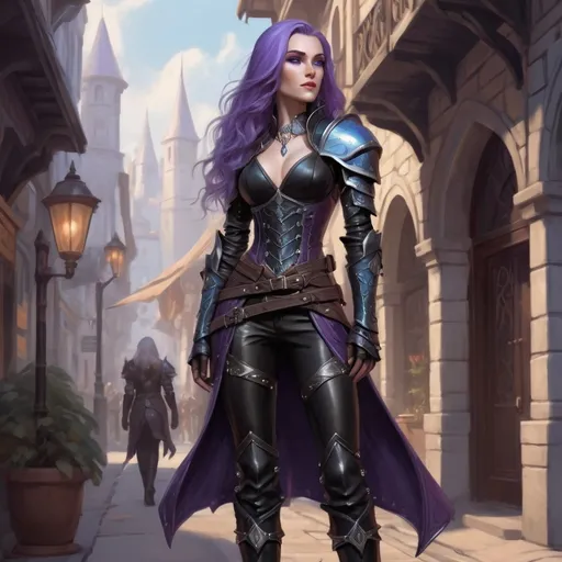 Prompt: A full body attractive character rogue female Auttum Eladrin elf stands on a street of the city of Neverwinter, she has long flowing purple hair, pale skin, ice blue eyes and a regal and ethereal beauty, she wears black studded leather armour and and high heels black leather boots . fantasy character art, illustration, dnd, warm tone, 