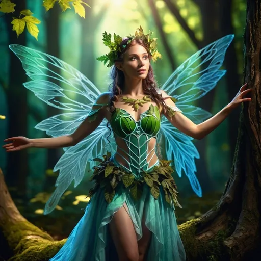 Prompt: (Full body character portrait), Female Fairy Druid, enchanting forest background, dramatic lighting casting playful shadows, ethereal and magical aura, intricate leafy attire, (beautiful, elegant pose), sensual body, captivating expression with a hint of mischief, vibrant colors enhancing attractiveness, ultra-detailed, whimsical atmosphere, 4K quality, fantasy art style.