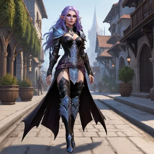 Prompt: A full body  female Auttum Eladrin elf stands on a street of the city of Neverwinter, she has long flowing purple hair, ice blue eyes and a regal and ethereal beauty, she wears black studded leather armour and and high heels black leather boots