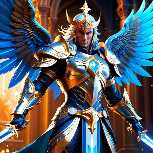 Prompt: Aasimar, paladin (full body), dynamic (combat pose), striking armor with intricate designs, holy symbols glowing softly, heroic stature, dramatic lighting highlighting muscular physique, sword raised, fierce determination in expression, ethereal background with celestial elements, radiant aura, epic and inspiring atmosphere, ultra-detailed, vibrant colors, high quality 4K.