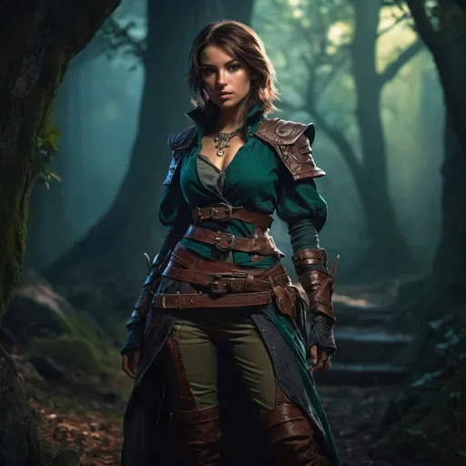 Prompt: (fantasy character), (female rogue), full body, attractive, sensual pose, detailed attire with phew short clothes, high fantasy setting, rich textures, moody lighting, intricate accessories, dynamic stance, dramatic shadows, mystical ambiance, (Dungeons and Dragons inspired), vibrant colors, ultra-detailed, HD quality.