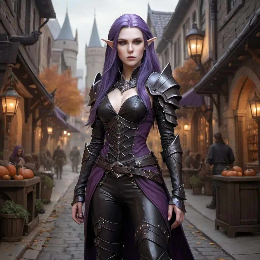 Prompt: hyper-realistic Full body, (attractive) and (mysterious) Female Elandrin Elf of Autumn, rogue, pale skin, purple long hair wearing a black expensive tight studded leather armor with high heels black leather boots, and a shadowy demeanor. The background is a street of the city of Waterdeep, adding to the enchanted atmosphere. Medium: high quality, ultra-detailed, cinematic, fantasy character art, illustration, dnd, warm tone