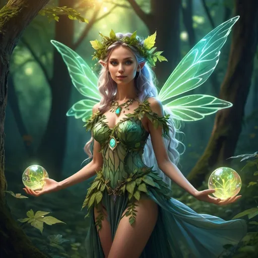 Prompt: (Full body character portrait), Female Fairy Druid, enchanting forest background, dramatic lighting casting playful shadows, ethereal and magical aura, intricate leafy attire, glowing magical orbs around her, (beautiful, elegant pose), captivating expression with a hint of mischief, vibrant colors enhancing attractiveness, ultra-detailed, whimsical atmosphere, 4K quality, fantasy art style.