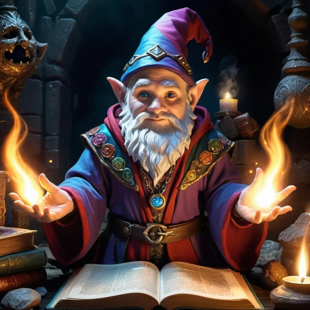 Prompt: (male gnome wizard), portraying an intelligent, confident expression, vivid magic emanating from his hands, showcasing colorful robes with intricate designs, surrounded by ancient tomes and mystical artifacts, in a dark dungeon environment, warm glowing lighting enhancing the magical aura, (highly detailed), creating a vivid fantasy atmosphere inspired by Dungeons and Dragons.