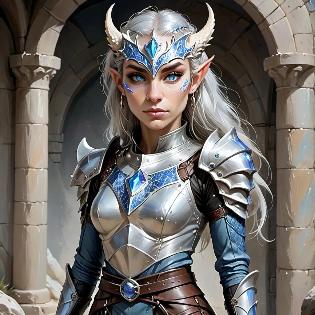 Prompt: A beautiful Silver Dragonborn female paladin in her early twenty’s, with an attractive athletic yet lean build, stands proudly. Her eyes, an striking shade of piercing blue, sparkle with determination , while his long silver hair is styled with a few loose strands framing her forehead. Her skin is a silver white tone. She wears a stylish plate armor, cinched at the waist by a wide, studded leather belt, and matching loose-fitting pants, tucked into knee-high, plate heel boots. A silver circlet with an inlaid, glimmering opal rests The background a yard in a stronghold. Full body, dnd, no horns