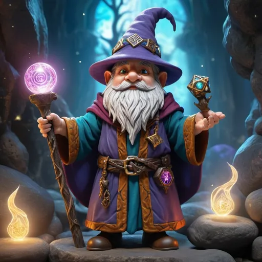 Prompt: Gnome wizard, (male), bursting with intelligence and confidence, vibrant colors, enchanting atmosphere, dramatic pose, detailed robes adorned with mystical symbols, holding a magical staff, (dungeons and dragons) inspired setting, sparkling lights, whimsical, ultra-detailed, high-definition, captivating expression, magical aura, hyper realistic.