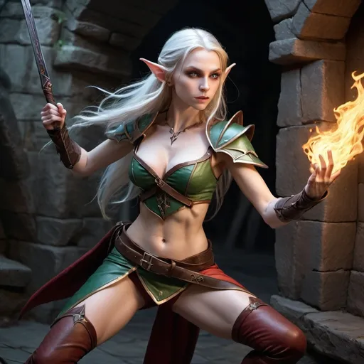 Prompt: hyper-realistic, female elf, bard, (full body fighting pose), attractive lean body, pale skin, long hair,  detailed eyes, beautiful face, (gorgeous and wicked), wearing no cloth on top and tight pants, background is a dungeon, fantasy setting, vibrant colors, dynamic posture, ultra-detailed facial features, dramatic lighting, rich textures, perfect for Dungeons and Dragons illustration, high-quality image, character depth.