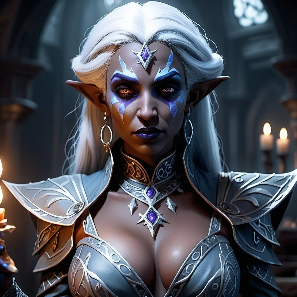 Prompt: (dark fantasy dungeons and dragons character), (Drow sensual female sorcerer), dark gray skin, dramatic full attractively body posture, (intense wicked stare), detailed tight outfit, intricate patterns, layered textures, expression showcasing cunning, (shadowy background), elements of intrigue, (moody ambiance), hints of dim light, ethereal glow, intricately detailed accessories, (4K), ultra-detailed, cinematic lighting,  sinister allure, enchanting atmosphere that captivates.