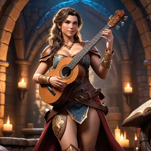 Prompt: Dungeons and Dragons character, Full body, hyper realistic, human gorgeous female, Bard, attractive body