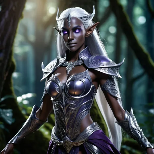 Prompt: photorealistic, (full body) female dark elf character, dynamic pose, intricate armor adorned with mystical engravings, long silver hair flowing, piercing violet eyes, illuminated by soft, enchanted light, deep shadows casting dramatic contours, enchanting forest backdrop filled with twisting trees and vibrant magical plants, (4K, ultra-detailed), (fantasy artwork), conveying a sense of adventure and mystery.