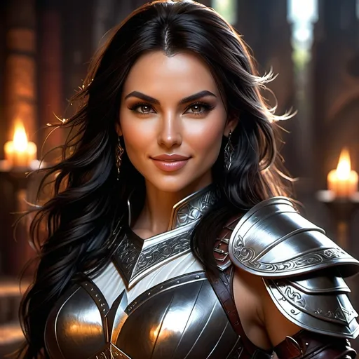 Prompt: Hyper realistic, dungeon and dragons character, female human warrior, (high definition), long dark hair, attractive body, evil gaze, wicked smile, wearing tight and luxurious leather armor, intense details, vivid textures, dramatic lighting, captivating atmosphere, fantasy realm background, ultra-detailed.