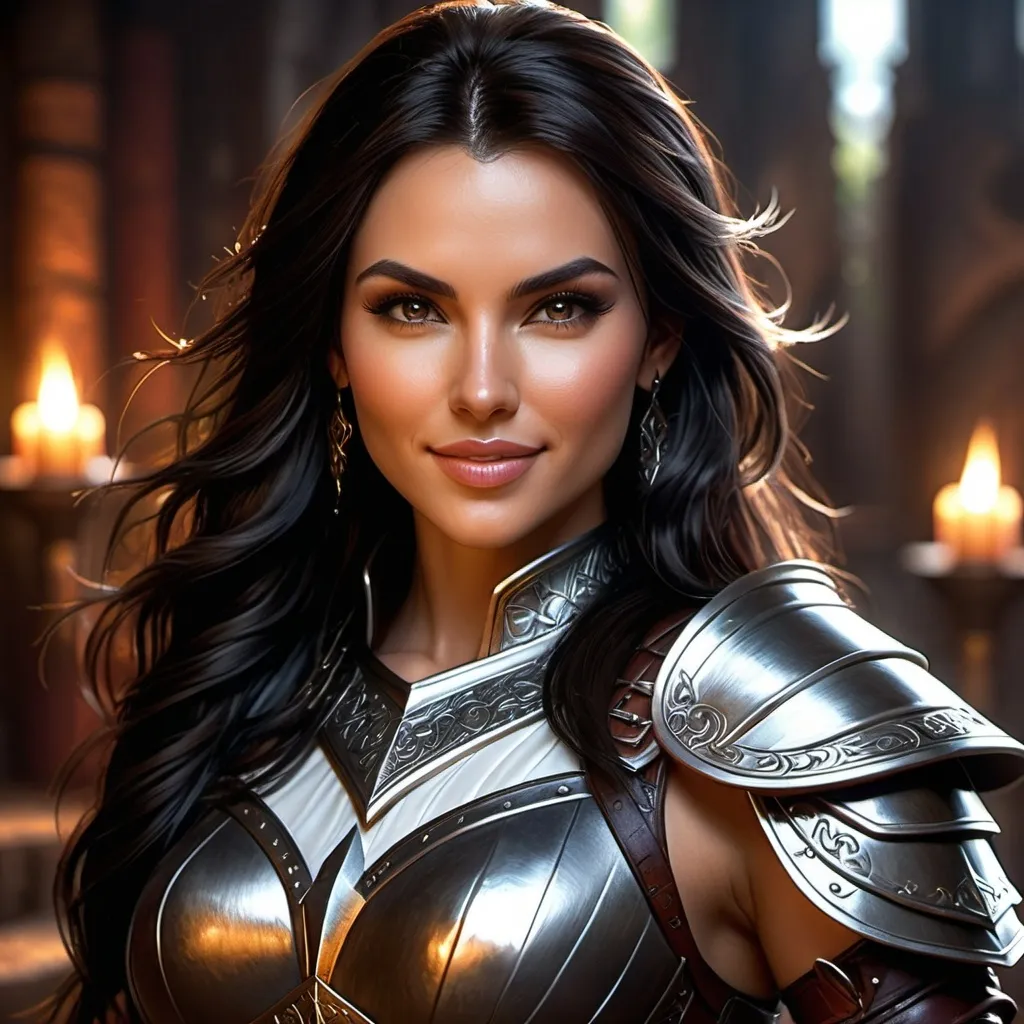 Prompt: Hyper realistic, dungeon and dragons character, female human warrior, (high definition), long dark hair, attractive body, evil gaze, wicked smile, wearing tight and luxurious leather armor, intense details, vivid textures, dramatic lighting, captivating atmosphere, fantasy realm background, ultra-detailed.