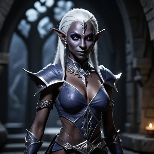 Prompt: photorealistic, (full body) depiction of a dark elf drow, (female character), Dungeons & Dragons, (dark color scheme), shades of deep indigo and rich charcoal, dramatic lighting casting shadows, intricate details in clothing and accessories, elegant pose reflecting mystery and grace, ultra-detailed features like pointed ears and luminous eyes, (4K) quality, immersive atmosphere invoking fantasy and adventure.