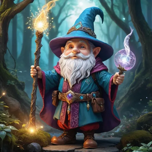 Prompt: Gnome wizard, (male), bursting with intelligence and confidence, vibrant colors, enchanting atmosphere, dramatic pose, detailed robes adorned with mystical symbols, holding a magical staff, (dungeons and dragons) inspired setting, mystical forest background, sparkling lights, whimsical, ultra-detailed, high-definition, captivating expression, imaginative realm, magical aura.