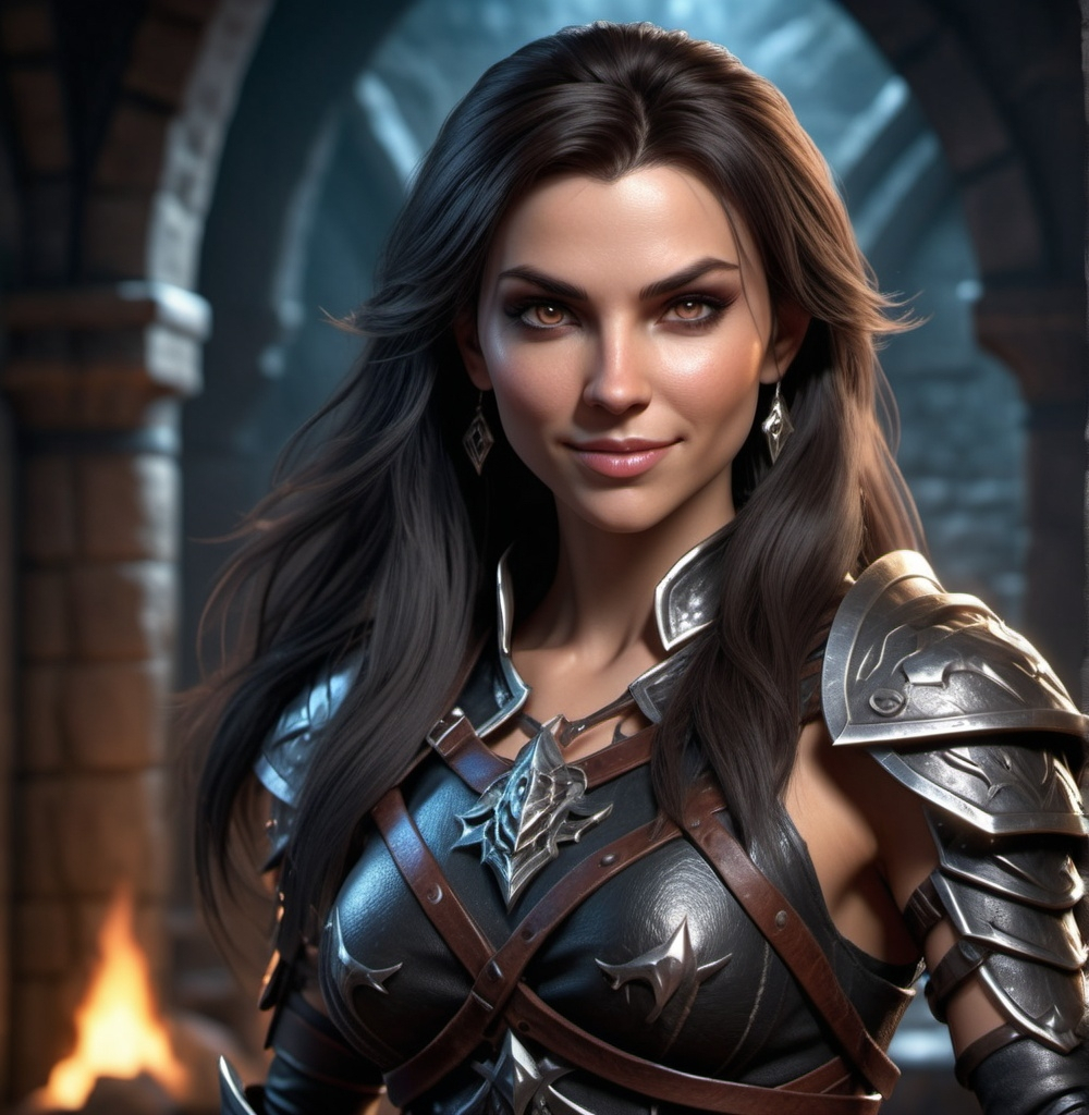 Prompt: Photorealistic, detailed face, high resolution, 4k, full body dungeons and dragons character, female human warrior, high definition, long dark hair, attractive body, evil gaze, wicked smile, wearing tight and luxurious clothes, intense details, vivid textures, dramatic lighting, captivating atmosphere, fantasy realm background, ultra-detailed.