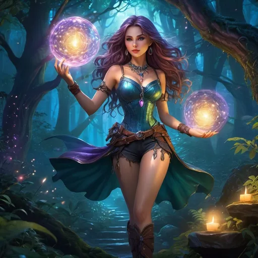 Prompt: full body DnD character, (alluring pose), (human female), (beautiful attractive sorcerer), tight short clothes, enchanting magical aura, spellbook in hand, intricate jewelry, dramatic lighting, vibrant colors, high fantasy theme, strong expressions, detailed textures, (ultra-detailed), immersive background of a mystical forest, dusk ambiance, magical sparkles in the air.