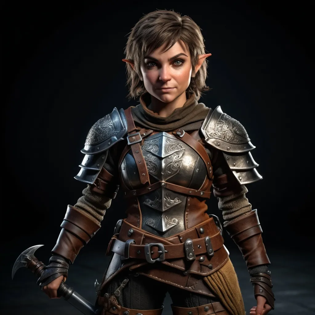 Prompt: hyper-realistic, full body, (female halfling rogue), intricate detail on facial features, dynamic pose, wearing a detailed leather armor, carrying various tools and weapons, dramatic shadows, dimensional depth, soft lighting to enhance textures, finely crafted background resembling a medieval tavern, captivating atmosphere, (4K ultra-detailed)