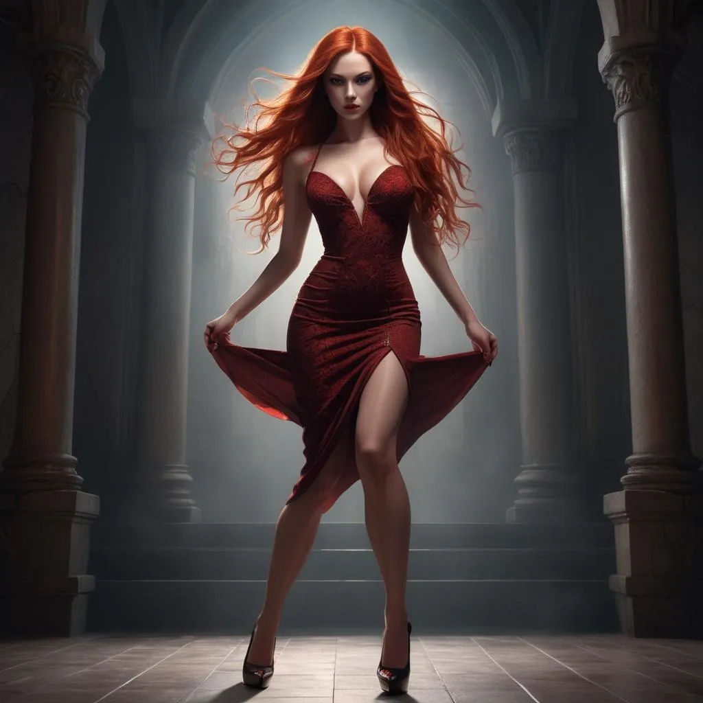 Prompt: FULL BODY PORTRAIT, (photorealistic), Fantasy character, (attractive, sensual, beautiful, dangerous, female, striking red long hair cascading, perfect symmetrical evil badgirl face, curvaceous sensual body, adorned in ornate  short tight  pencil dress and high  heels, dramatic shadows accentuating her features, (sensual dancing alluring stance), mistery and fierce ambiance, standing in a castle, soft ethereal lighting, ultra-detailed, high-resolution background, 