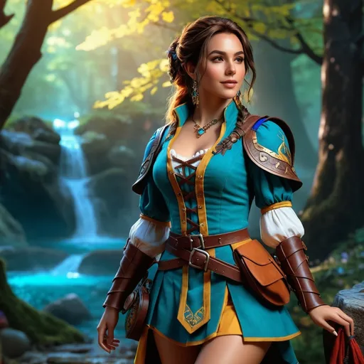 Prompt: Hyper realistic, (full body Dungeons and Dragons character), human Bard, (hyper-realistic) depiction, (gorgeous) female character, attractive short outfit with vibrant colors and intricate details, dynamic pose showcasing confidence, atmospheric fantasy background with hints of a tavern or magical forest, evocative expressions, (4K) ultra-detailed, captivating lighting enhancing beauty and allure, enchanting ambiance of adventure.